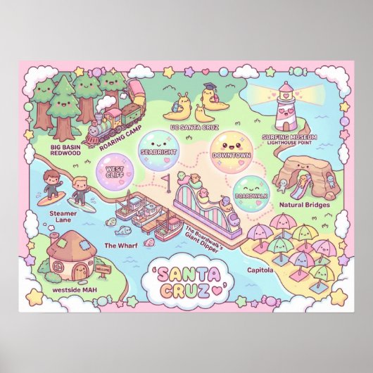 Santa Cruz Fantasy Map – Mythical Coastal Art Prin Poster (Vorne)