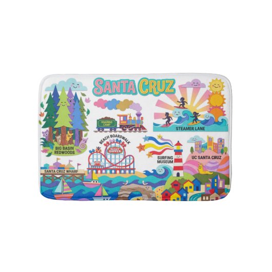 Santa Cruz Illustrated Map Boardwalk Beach Surfing Badematte (Vorderseite)