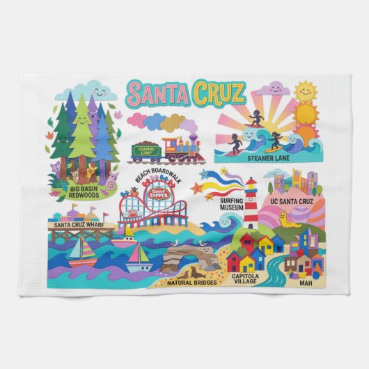 Santa Cruz Illustrated Map Boardwalk Beach Surfing Geschirrtuch (Horizontal)