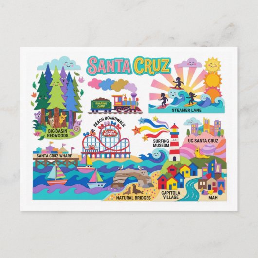 Santa Cruz Illustrated Map Boardwalk Beach Surfing Postkarte (Vorderseite)