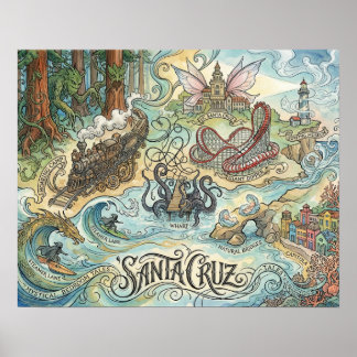 Santa Cruz Kalifornien Illustrierte Karte Mythisch Poster