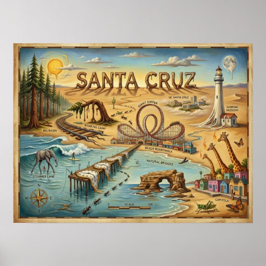 Santa Cruz Pop Art Karte – Kühnes Küstenlandmarke Poster (Vorne)