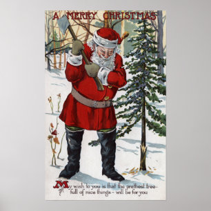 Santa Cutting Weihnachtsbaum Poster