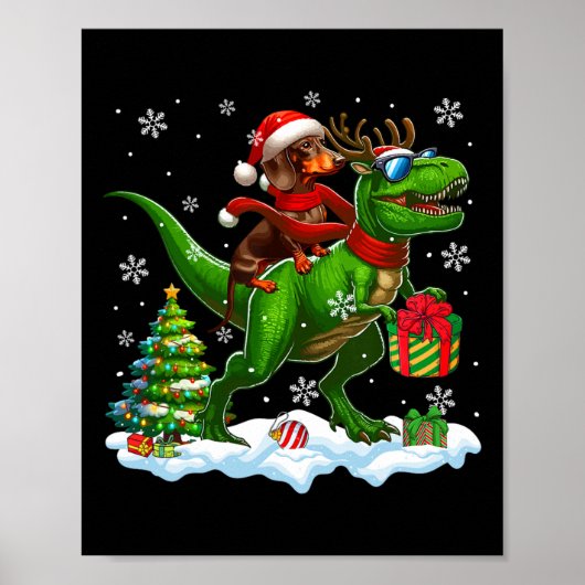 Santa Dackel Riding Rentier T-rex Weihnachten Ki Poster (Vorne)