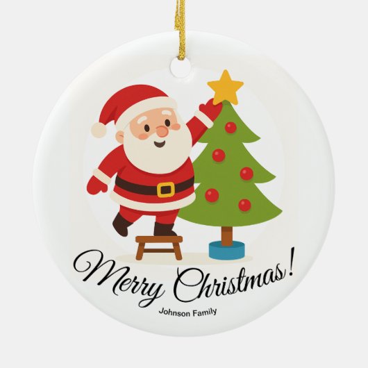 Santa Decorating Tree Personalized Family Name Keramik Ornament (Hinten)