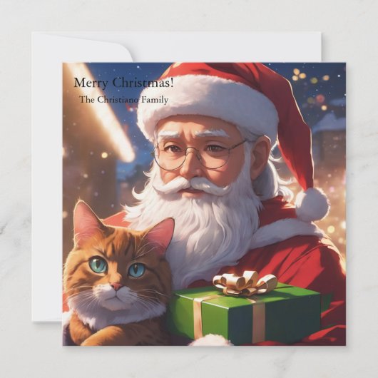 Santa, der eine Katze hält Feiertagskarte (Vorderseite)