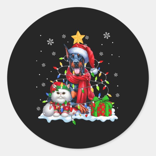 Santa Dobermann mit Elf Katze Weihnachtsleuchten a Runder Aufkleber (Vorderseite)