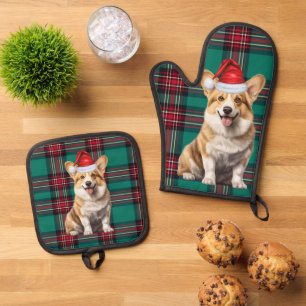 Santa Dog Welsh Corgi Holiday Karo Weihnachten Ofenhandschuh & Topflappen-Set