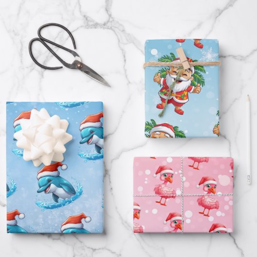Santa, Dolphin, Flamingo Weihnachtswrapping Paper Geschenkpapier Set (Vorderseite)
