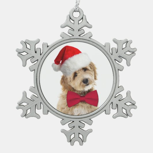 Santa Doodle Dog Schneeflocken Zinn-Ornament (Vorderseite)