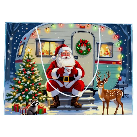 Santa Drinking Hot Cocoa outside his RV Christmas Große Geschenktüte (Rückseite)