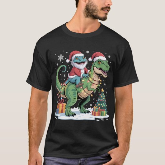 Santa-Echse auf T-Rex mit Geschenken T-Shirt (Vorderseite)
