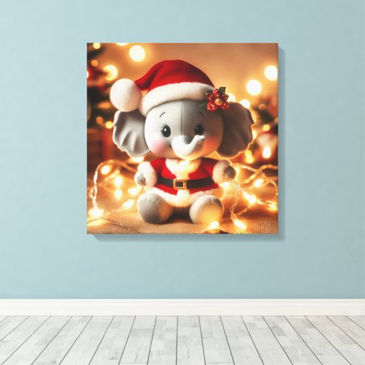 Santa Elephant Plush mit Ferienbeleuchtung Leinwanddruck (Insitu (Holzboden))