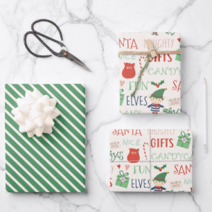 Santa Elf Typografie und Streifen Kinder Geschenkpapier Set