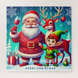 Santa, Elf und Rentier in einem festlichen Weihnac Puzzle