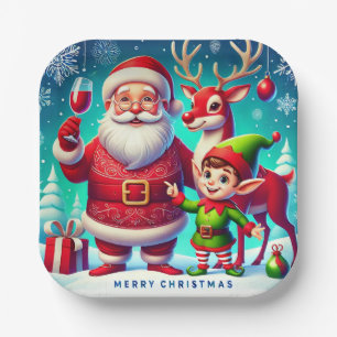 Santa, Elf und Rentier in einer festlichen Weihnac Pappteller