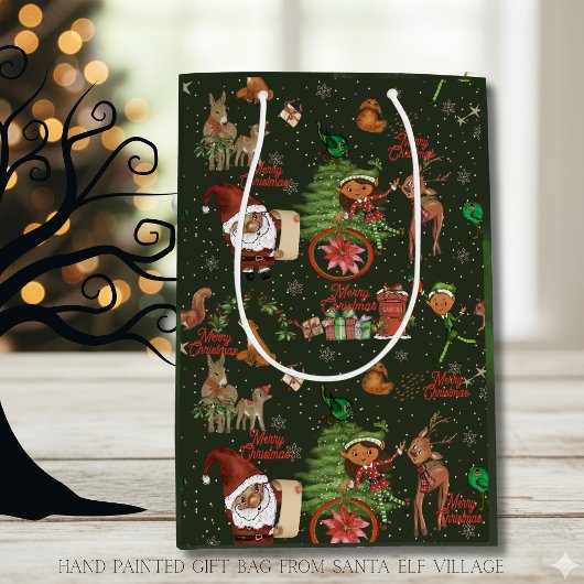 Santa & Elf Village Whimsical Holiday Gift Bag Mittlere Geschenktüte