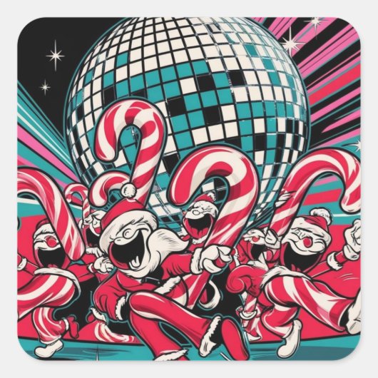 Santa Elves Candy Canes tanzen im Disco-Ball Quadratischer Aufkleber (Vorderseite)