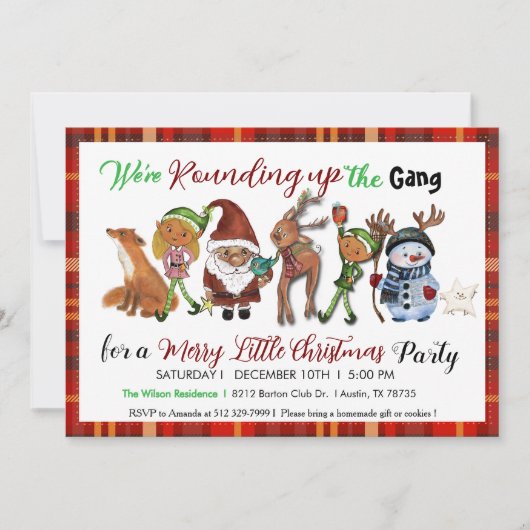 Santa, Elves, Deer & Snowman Gang Red Plaid Einladung (Vorderseite)