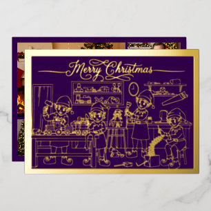 Santa Elves Workshop, Frohe Weihnachten Lila, Gold Folien Feiertagskarte
