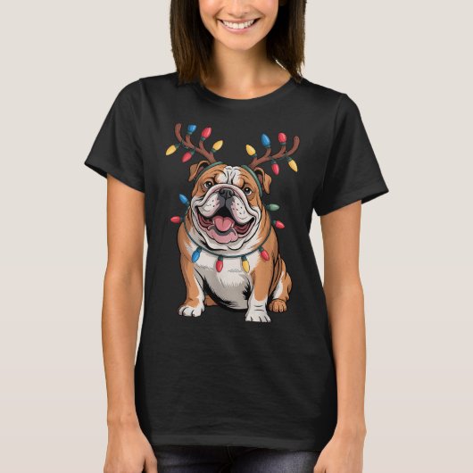 Santa English Bulldog Reindeer Light Christmas T-Shirt (Vorderseite)