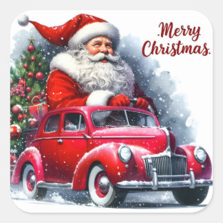 Santa fährt ein rotes Auto durch eine verschneite Quadratischer Aufkleber