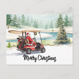 Santa fährt Golfcart auf dem Winter-Golfplatz Feiertagspostkarte