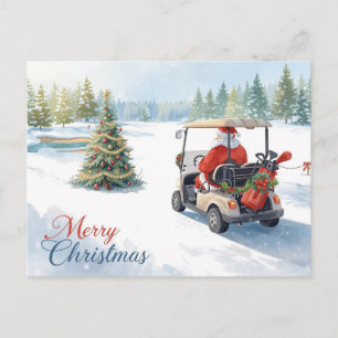 Santa fährt Golfwagen auf dem Winter-Golfplatz Feiertagspostkarte