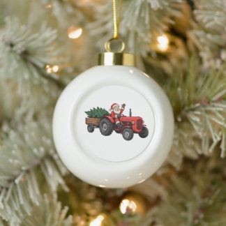 Santa fährt Traktor Weihnachtsbaumfarm Wagen Keramik Kugel-Ornament