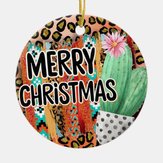 Santa Fe Merry Christmas Serape und Cactus Keramik Ornament (Vorne)