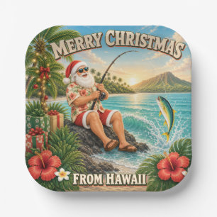 Santa fischt auf Hawaii-Shirt Weihnachten Pappteller