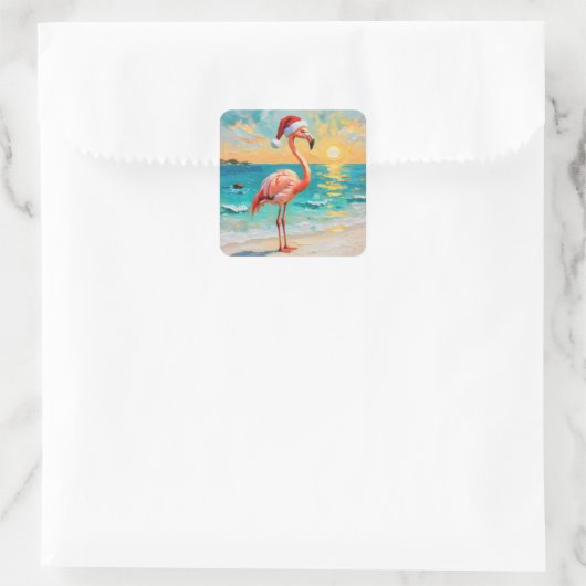 Santa Flamingo am Strand Quadratischer Aufkleber (Tasche)