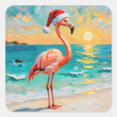 Santa Flamingo am Strand Quadratischer Aufkleber (Vorderseite)