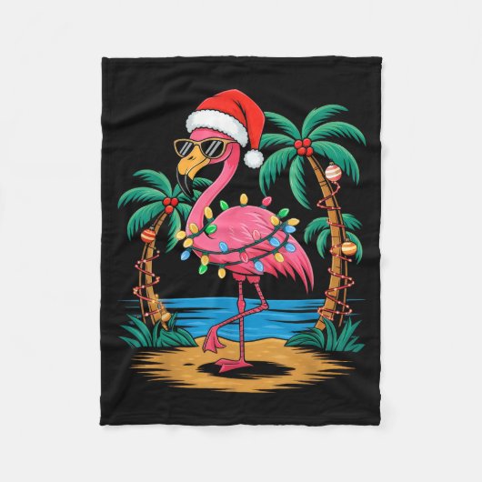 Santa Flamingo Christmas Lights Trocal Palms Tree Fleecedecke (Vorderseite)