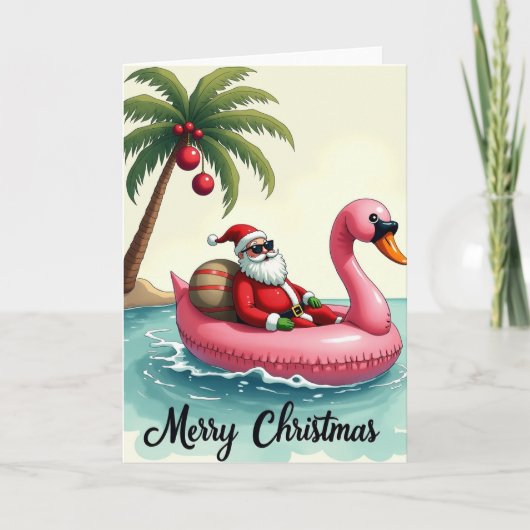 Santa Flamingo Float Merry Christmas Tropical Karte (Vorderseite)