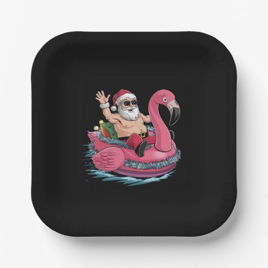 Santa Flamingo Floatie Weihnachten im Juli Sommer Pappteller (Vorderseite)