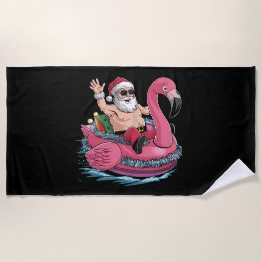 Santa Flamingo Floatie Weihnachten im Juli Sommer Strandtuch (Vorderseite)