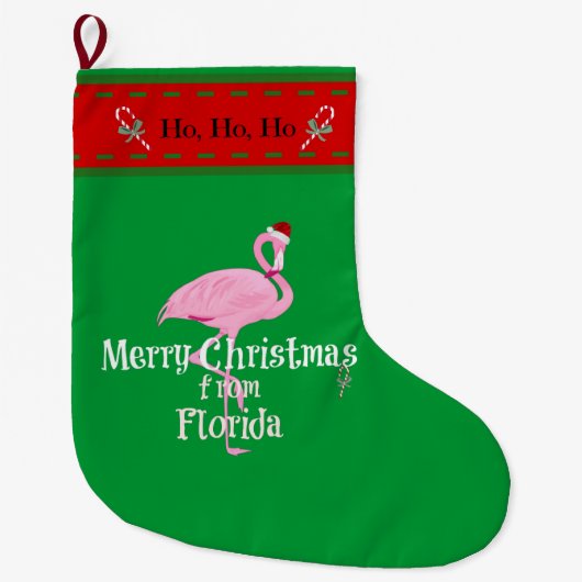 Santa Flamingo, "Frohe Weihnachten aus Florida" Großer Weihnachtsstrumpf (Vorderseite)