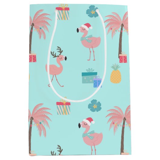 Santa Flamingo Pattern Fun Aquamarin Tropisches We Mittlere Geschenktüte (Vorderseite)