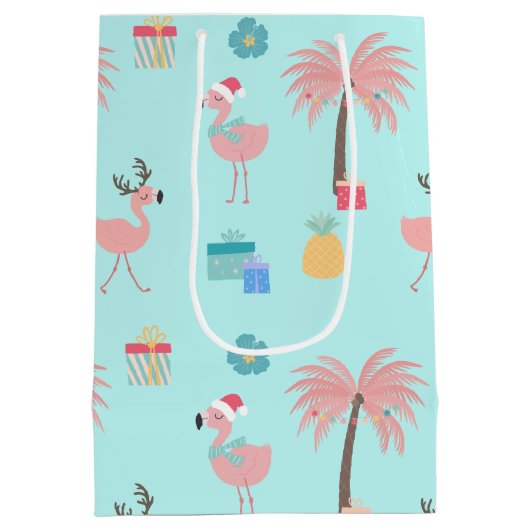 Santa Flamingo Pattern Fun Aquamarin Tropisches We Mittlere Geschenktüte (Rückseite)