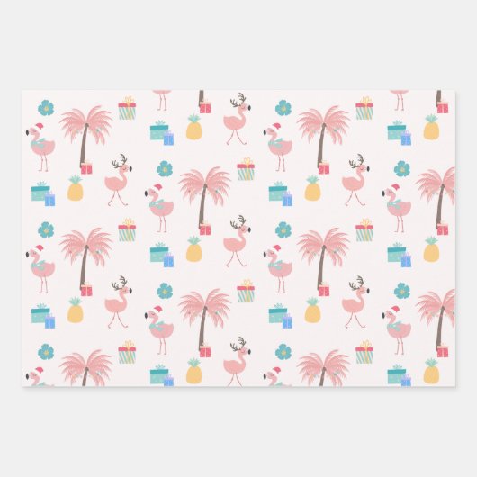 Santa Flamingo Pattern Fun Pink Tropisches Weihnac Geschenkpapier Set (Vorderseite)