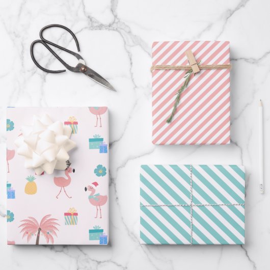 Santa Flamingo Pattern Fun Pink Tropisches Weihnac Geschenkpapier Set (Vorderseite)