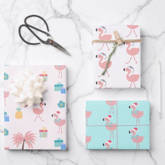 Santa Flamingo Pattern Fun Pink Tropisches Weihnac Geschenkpapier Set (Vorderseite)