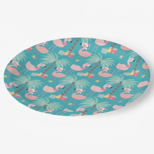 Santa Flamingo's - Fun Aqua Tropical Weihnachten Pappteller (Schrägansicht)