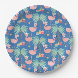 Santa Flamingo's - Fun Blue Tropical Christmas Pappteller