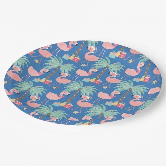 Santa Flamingo's - Fun Blue Tropical Weihnachten Pappteller (Schrägansicht)