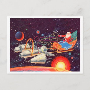 Santa fliegt mit Raketen, sowjetischer New Year im Postkarte