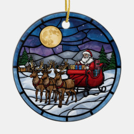 Santa fliegt über ein schneebedecktes Dorf Keramik Ornament
