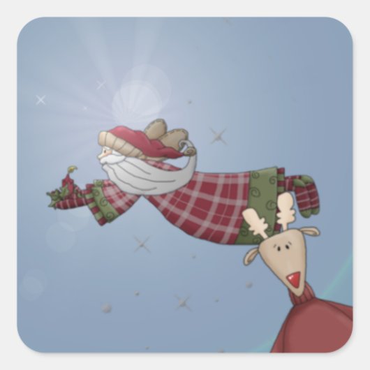 Santa Flies Quadratischer Aufkleber (Vorderseite)