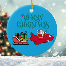 Santa Flying Flugzeug, Schlitten, Herz-Foto, Weihn Keramik Ornament